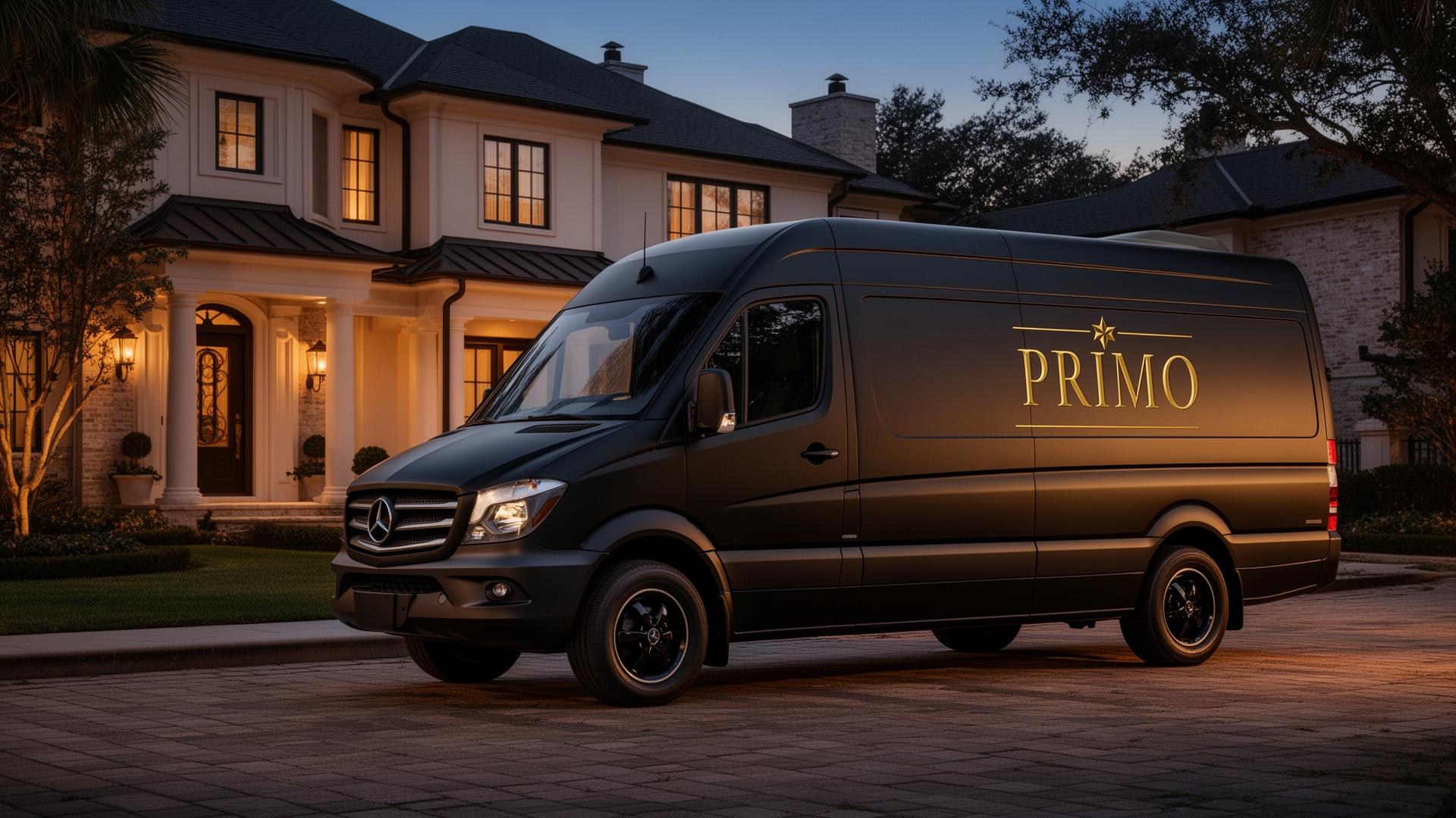 Black PRIMO service van with gold branding outside Houston home